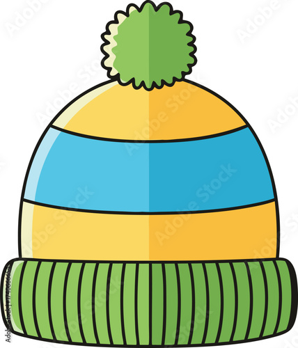 A cheerful knit beanie hat featuring yellow and blue stripes, green ribbed brim, and a fun green pom pom on top