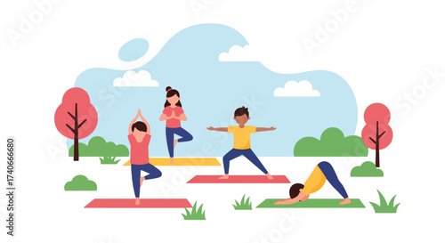 Adobe illustrator artwork vector illustration: Diverse children practicing yoga poses in a park, promoting healthy lifestyle, mindfulness, and physical activity for kids