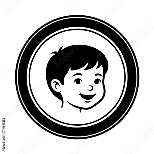 A heartwarming black and white icon featuring the silhouette of a smiling child's face or figure (representing an individual with Down Syndrome) enclosed within a bold, thick circle or outline