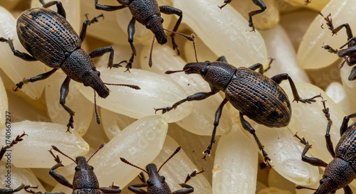 Close-up shot of rice weevils crawling on grains of white rice, showing infestation and potential food contamination.