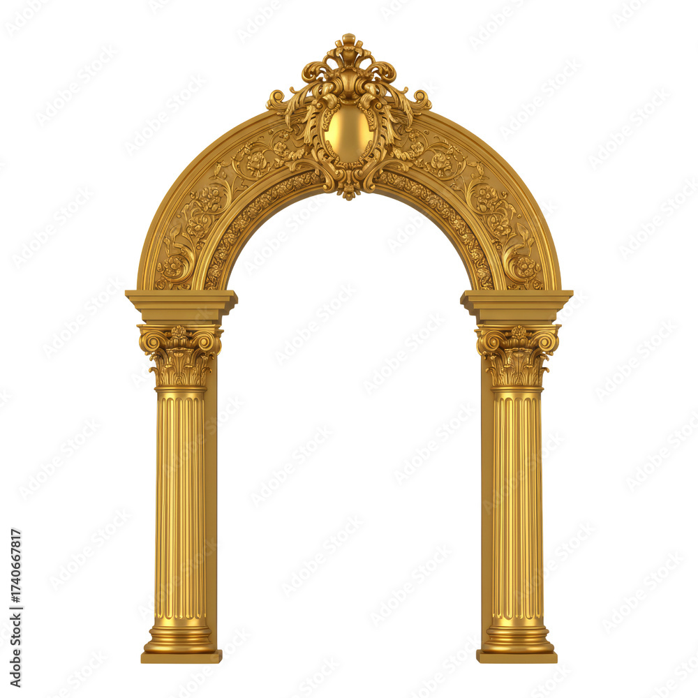 Naklejka premium Opulent gilded archway rendered with intricate details on a clean transparent surface