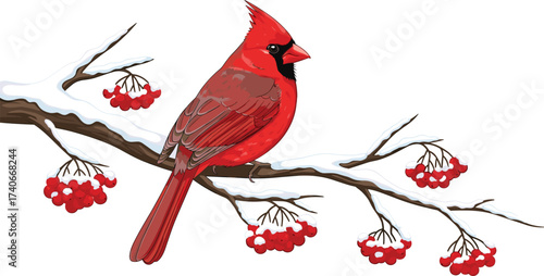 Winter cardinal on snowy branch with red berries, seasonal bird illustration, nature scene vector art, vibrant wildlife design, cold weather concept, cheerful and bold