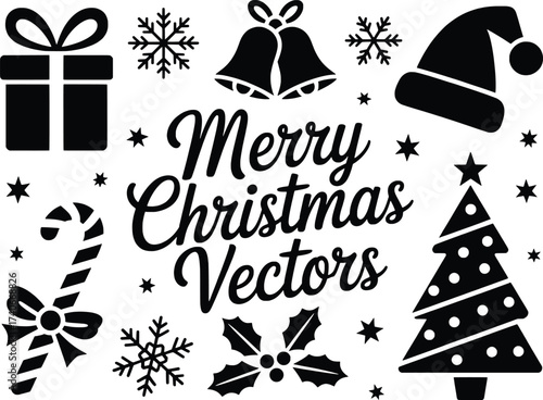 Merry christmas icons festive elements gift candy cane tree santa hat bells snowflakes