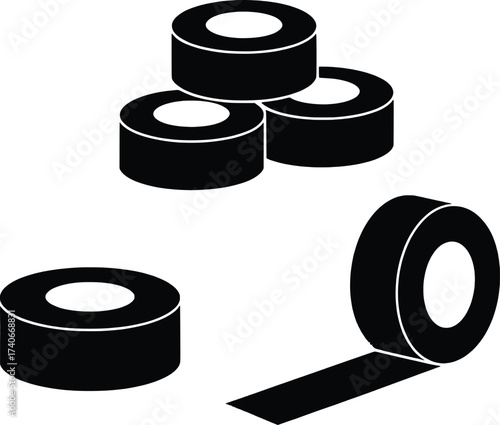 Rolls of black electrical tape stacked isolated on white surface