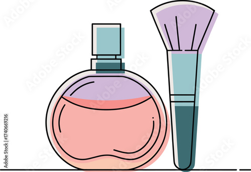 Minimalist line art perfume bottle and makeup brush elegant beauty cosmetics simple design
