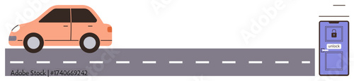 Orange car traveling on a gray road with dashed white lines, approaching a purple toll barrier. Ideal for themes thumbs up travel, transportation, payment, automation, urban design, navigation