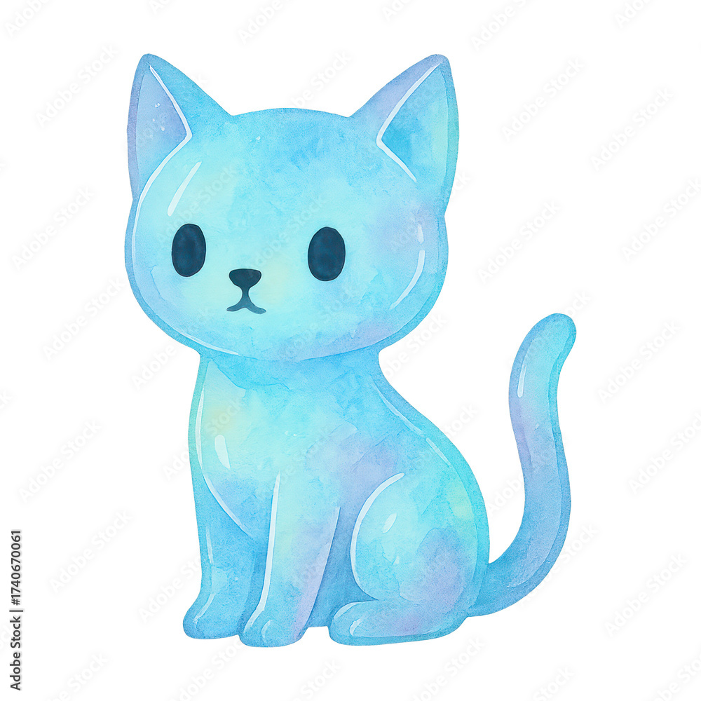 Obraz premium PNG Cute blue watercolor cat illustration.