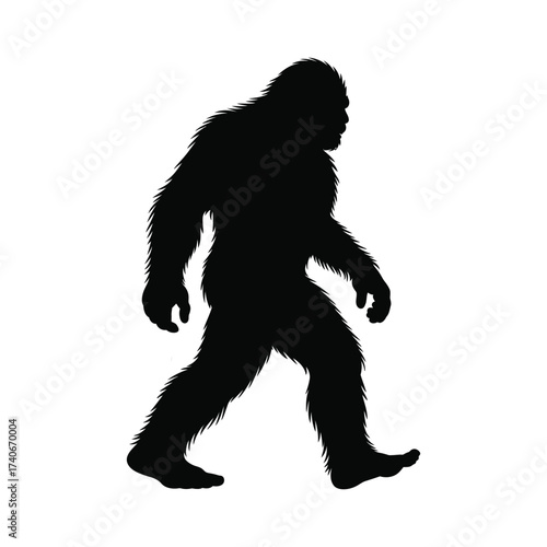 Silhouette of a furry bipedal creature walking in profile against a white background