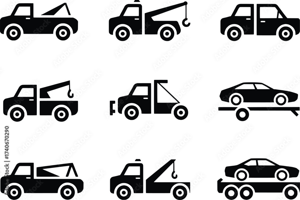 Collection of tow truck and car silhouette icons for roadside assistance and transport services Collection of tow truck and car silhouette icons for roadside assistance and transport services