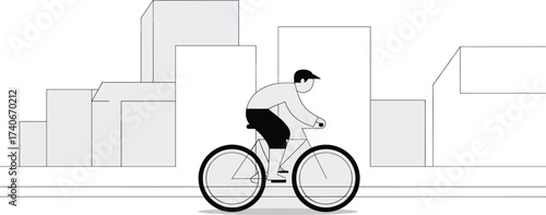 Person cycling through cityscape minimalist line art abstract buildings on white