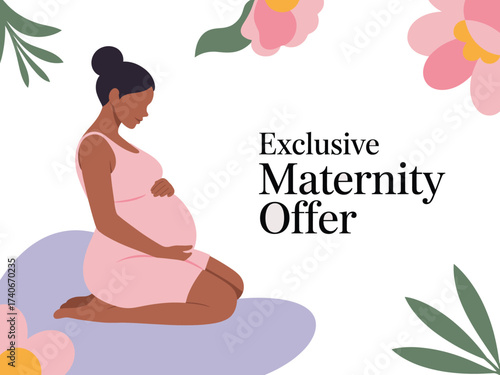 Minimalist maternity offer template woman pregnant flowers leaves social media ad