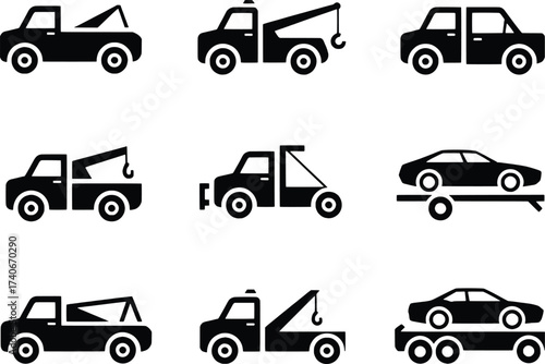 Collection of tow truck and car silhouette icons for roadside assistance and transport services