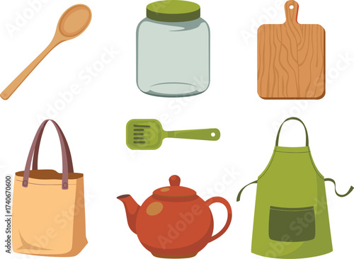 Sustainable eco friendly kitchen objects collection bamboo spoon jar cutting board apron teapot