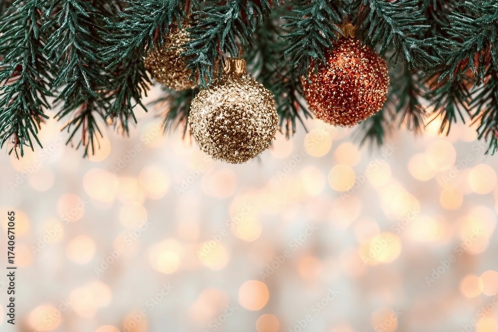 Obraz premium Christmas tree decorations on a bokeh background.