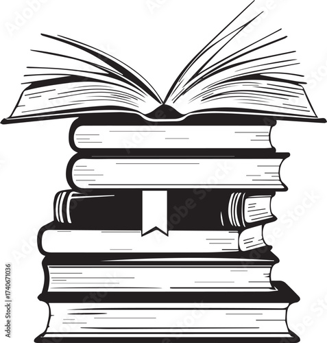 Stack of books with open pages and bookmark ribbon, black and white vector illustration for education