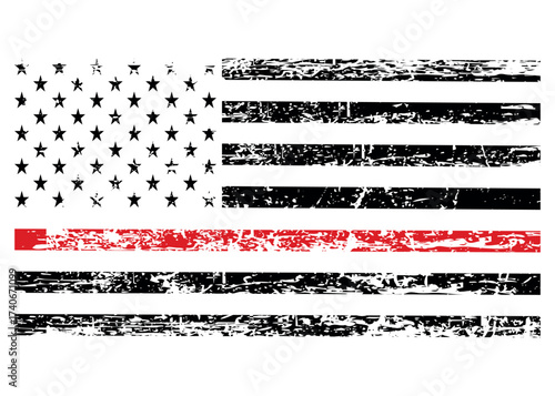 Red Line USA Flag. Distressed American Firefighter Support Flag