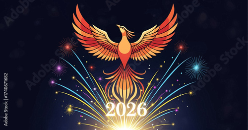 A majestic phoenix with fiery wings rises above a burst of colorful fireworks and a glowing '2026' on a dark background, symbolizing celebration and renewal.