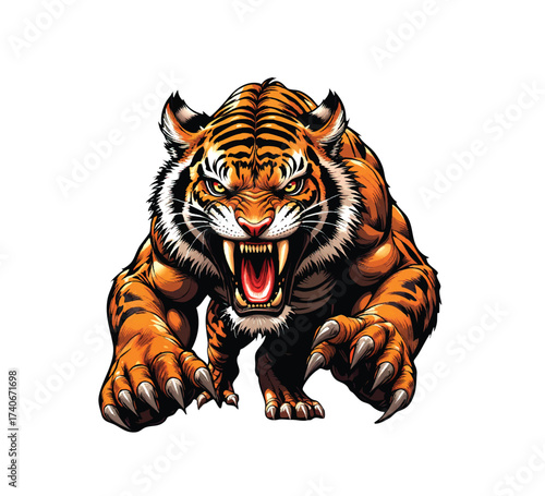 Vector of powerful, aggressive tiger mascot illustration lunging forward, showing its massive claws and menacing teeth in a fierce snarl. Wild Animals.