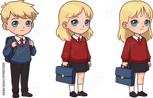Cartoon school children in uniform, blonde boy with backpack, two blonde girls with school bags, animated characters, education concept, student illustration, academic lifestyle