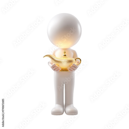 Minimalist figure holding golden magical lamp on transparent background