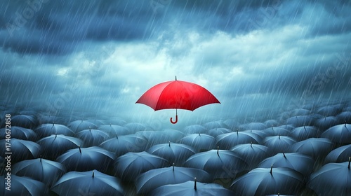 Standing out conceptual shot with a red umbrella in a rainstorm