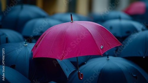 Vibrant pink umbrella stands out among dark blue umbrellas in rainy weather