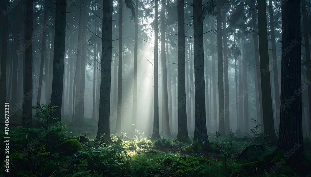 Fototapeta premium Sunlight filtering through a misty, dark forest creating a magical and serene atmosphere.