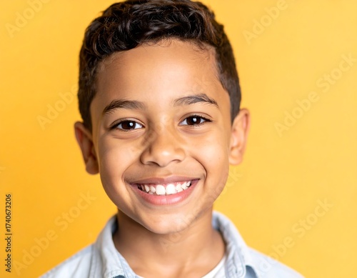 Smiling boy portrait against yellow background