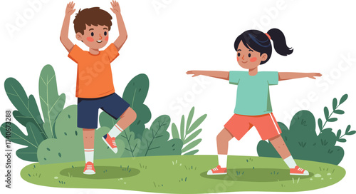 Children exercising outdoors on green grass, kids stretching arms and legs in nature, healthy lifestyle, outdoor fitness activity, childhood wellness, summer play, active youth, fun