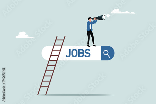 Looking for a new job or career, finding opportunities, vacancy concepts or job positions, entrepreneurs climb the job search bar ladder with binoculars to see opportunities.