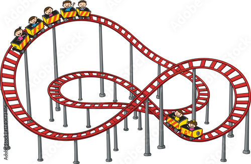 Colorful roller coaster ride with loops, turns, thrill amusement park attraction, people enjoying fun adventure, carnival excitement, extreme ride entertainment, outdoor theme park structure