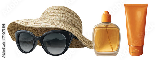 Summer Essentials: Hat, Sunglasses, Perfume, and Sunscreen