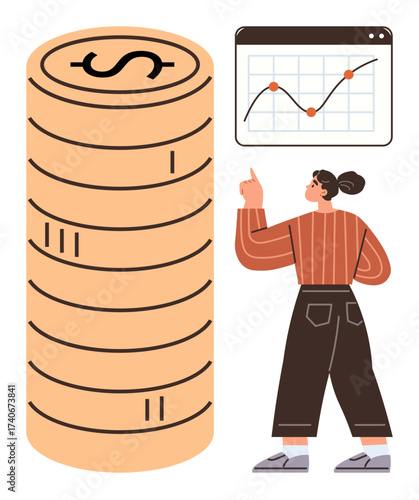 Woman pointing at growth chart with financial data beside a tall stack of coins. Ideal for investment, savings, finance, economic growth, analytics, strategy, monetary success. Simple flat metaphor