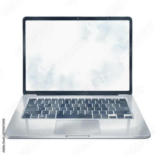 Sleek laptop showcasing a screen with subtle watercolor textures on a pristine, isolated canvas