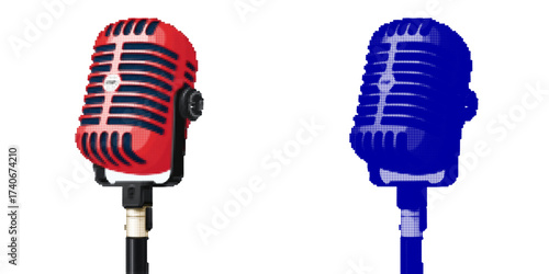 Illustration of Dual Retro Microphones in Red and Blue Vector Art