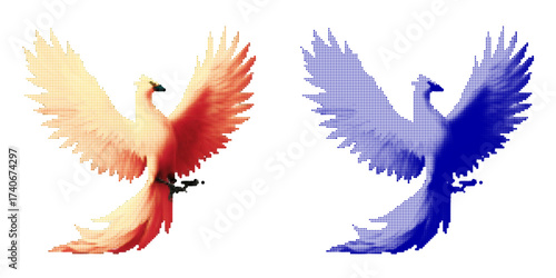 Colorful Phoenix Illustration in Vector Style with Abstract Dot Patterns
