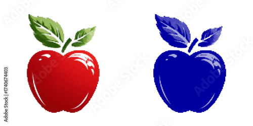 Colorful vector illustration of apples in red and blue with green leaves