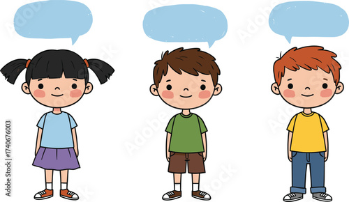Cartoon children illustration, diverse kids with speech bubbles, educational classroom design, happy boys and girls, blank dialogue template, school learning activity, communication concept art