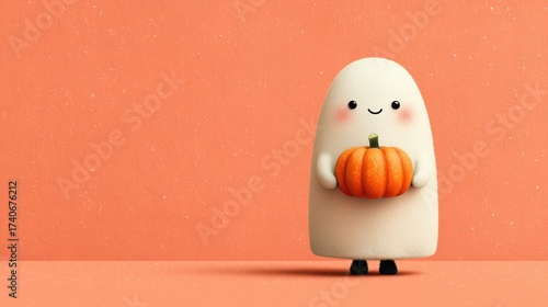 Cute Halloween ghost character holding pumpkin on pink textured background, whimsical festive design for wallpaper or poster