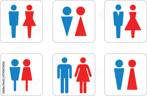 Restroom sign, vector illustration, simplified male and female figures, blue and red colors, minimalist design, gender symbols