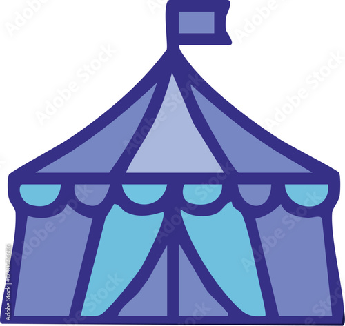A simple illustration of a blue circus tent with a flag on top.