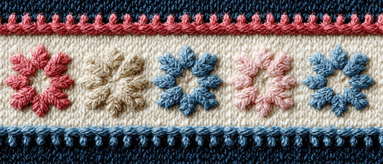 Elegant knitted pattern with colorful snowflake motifs and fringe borders on textured background, cozy design for wallpaper or winter holiday decor