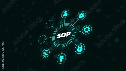 Visual representation of SOP concept with digital icons for standard, operating, and procedure in a business environment.