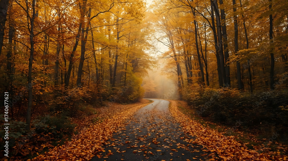 Fototapeta premium Sunlight streaming through autumn forest trees onto a leaf covered path