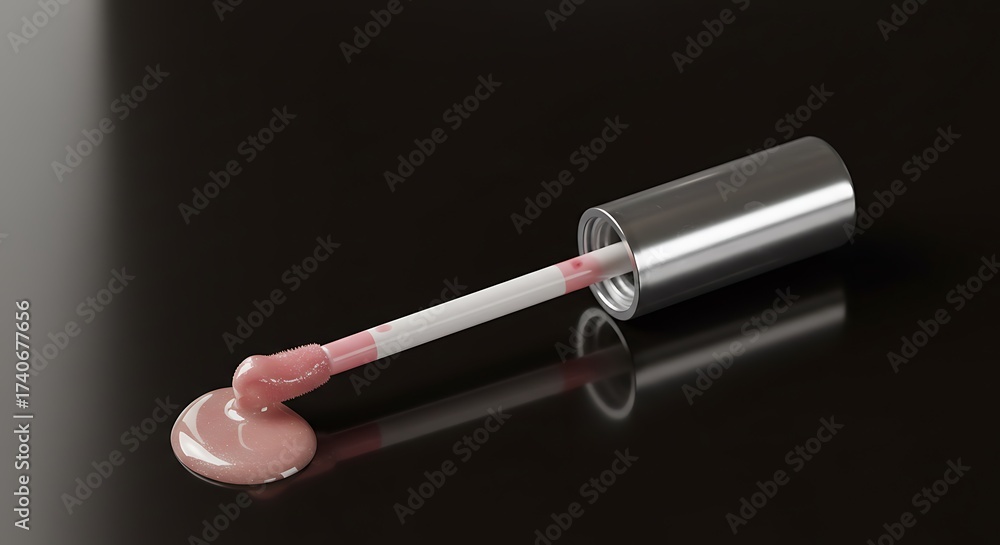 Naklejka premium A tube of lip gloss with a light pink shade spilling onto a dark reflective surface for commercial usage and mockups