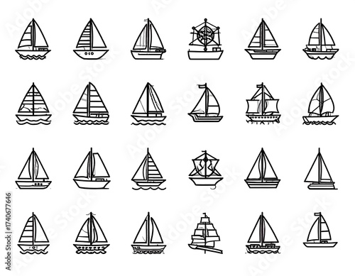 Simple black line drawings of various sailboats