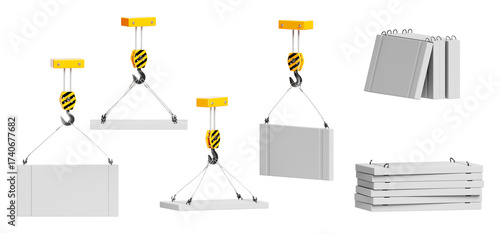 Fototapeta Naklejka Na Ścianę i Meble -  3d crane hooks lift concrete panels. Factory production of prefabricated reinforced concrete structure for construction and building works with stacks of slabs, isolated render set