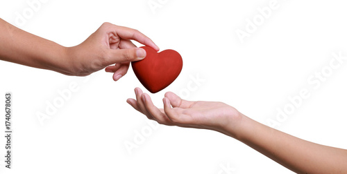 Foto Woman hands giving a red heart, health care, organ donation, family life insurance, world heart day, world health day, praying concept