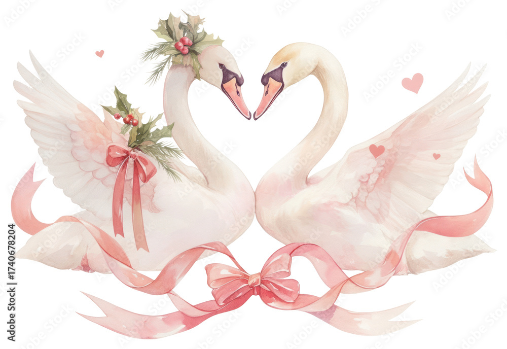 Naklejka premium PNG Coquette christmas swans illustration watercolor elements.