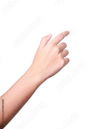 A woman's hand with an extended index finger, as if pressing something isolated on white background with clipping path.index finger reaching t touch, tap, click.